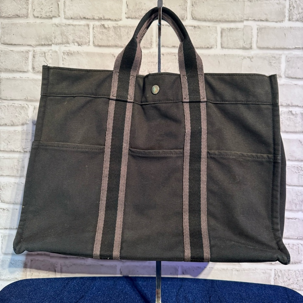 HERMES Fourre Tout MM Hand Bag Canvas Black Gray Auth ti1602 - Picture 5 of 12